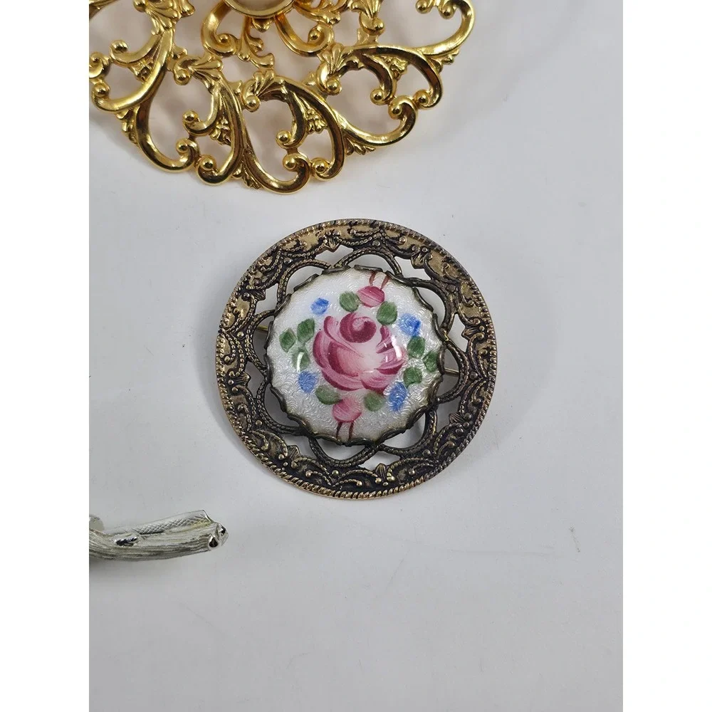 Vintage Brooch Lot 6pc Silver Gold Tone‎ Faux Pearl Filigree Floral Leaf Enamel